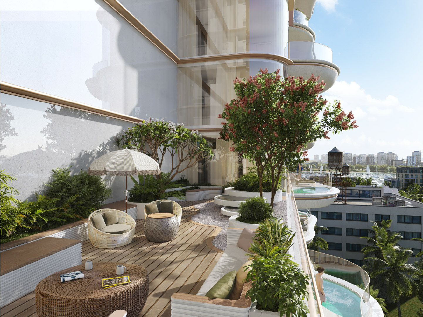 Beach Walk Iii By Imtiaz A modern balcony garden with cozy seating, lush plants, and a view of a cityscape under a sunny sky.